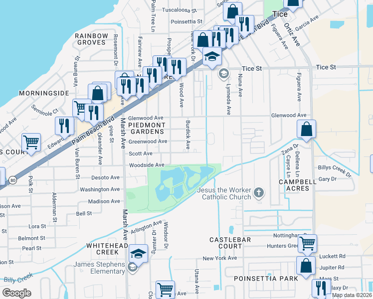 map of restaurants, bars, coffee shops, grocery stores, and more near 4422 Scott Avenue in Fort Myers
