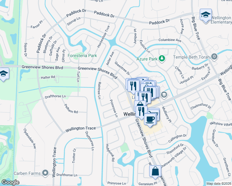 map of restaurants, bars, coffee shops, grocery stores, and more near 1207 Periwinkle Place in Wellington
