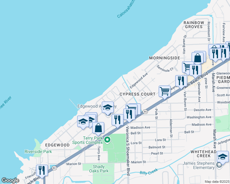 map of restaurants, bars, coffee shops, grocery stores, and more near 3621 Edgewood Avenue in Fort Myers