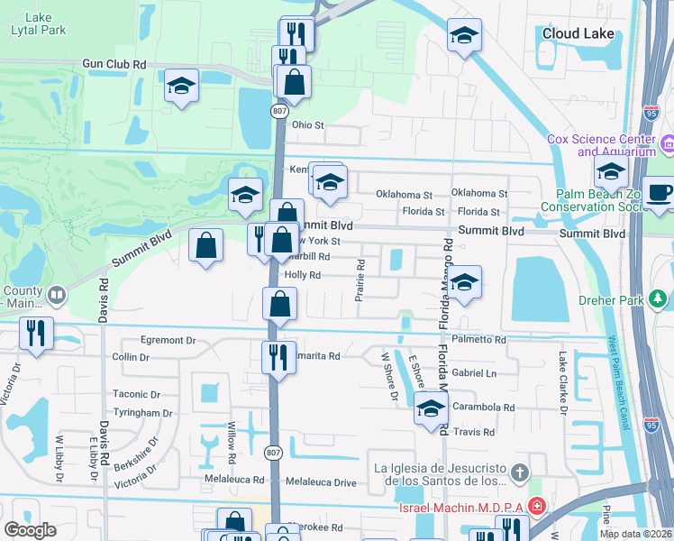 map of restaurants, bars, coffee shops, grocery stores, and more near 2790 Holly Road in West Palm Beach