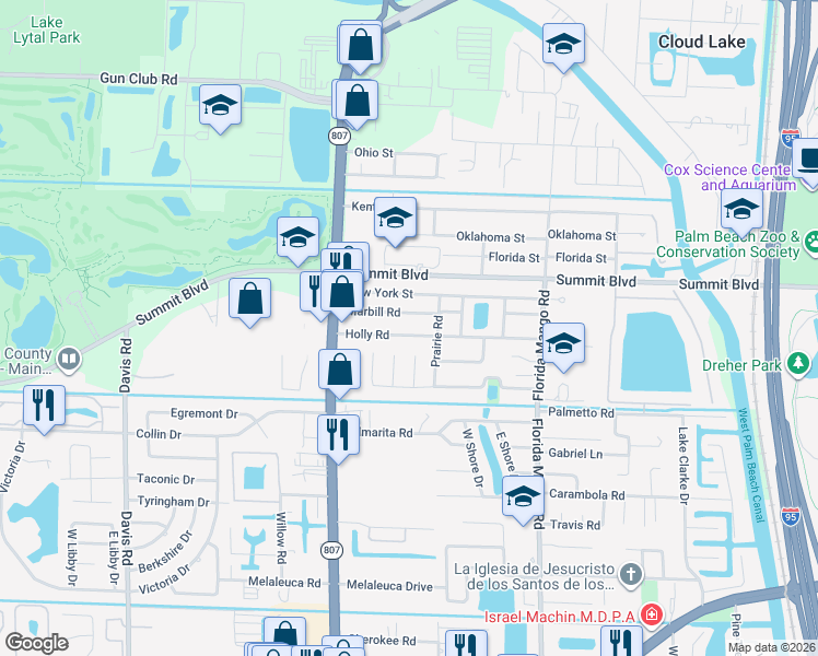 map of restaurants, bars, coffee shops, grocery stores, and more near 2790 Holly Road in West Palm Beach