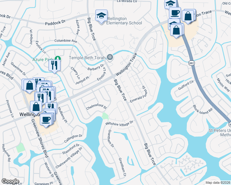map of restaurants, bars, coffee shops, grocery stores, and more near 1128 Northumberland Court in Wellington