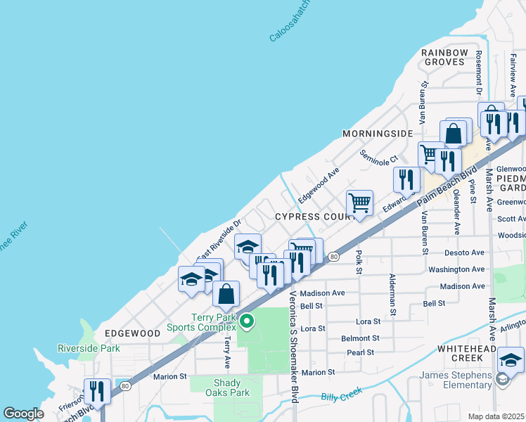map of restaurants, bars, coffee shops, grocery stores, and more near 3601 Edgewood Avenue in Fort Myers