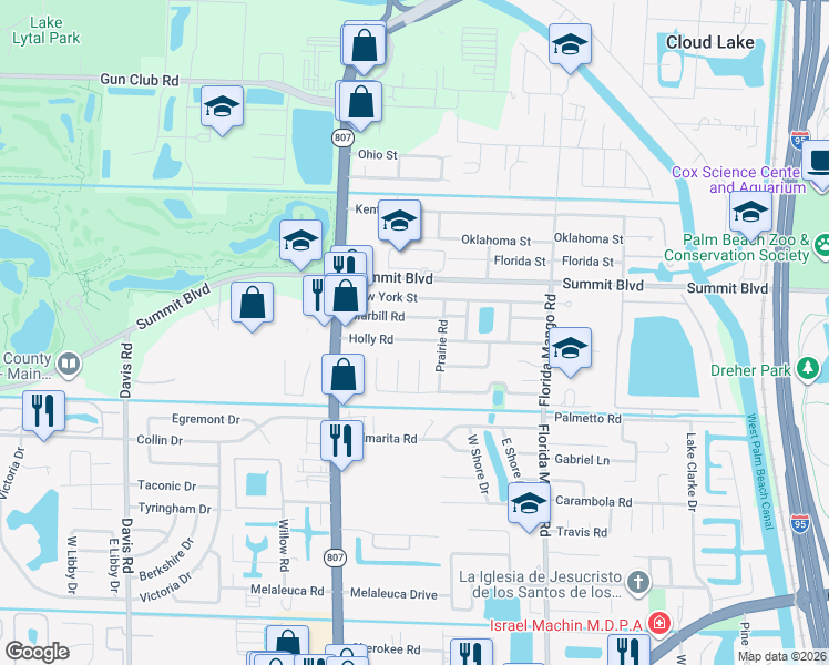 map of restaurants, bars, coffee shops, grocery stores, and more near 2790 Holly Road in West Palm Beach