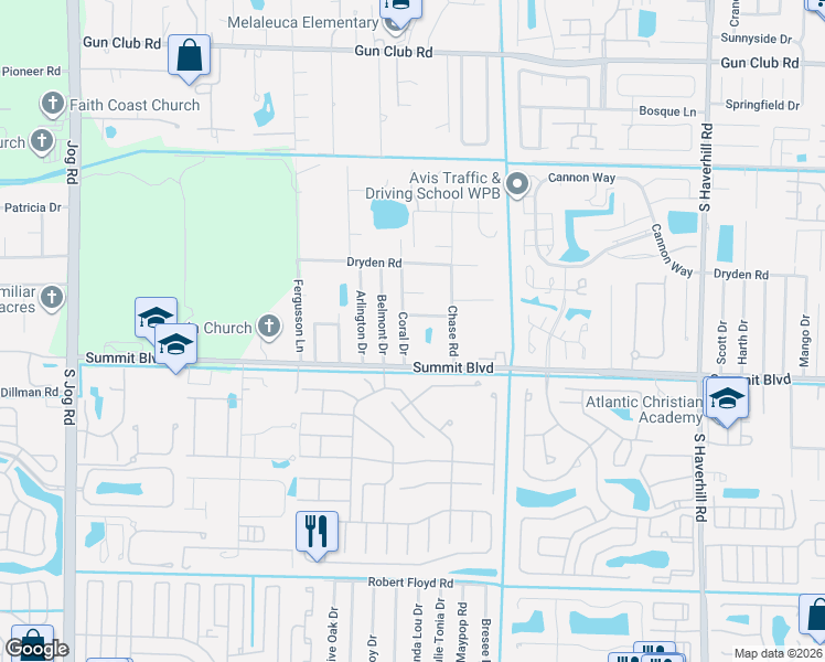 map of restaurants, bars, coffee shops, grocery stores, and more near 5687 Summit Boulevard in West Palm Beach
