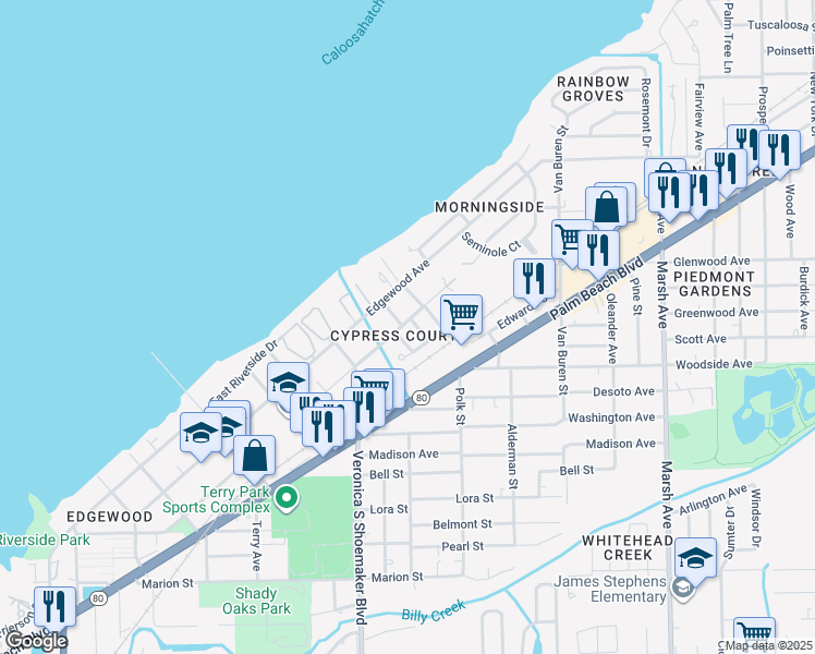 map of restaurants, bars, coffee shops, grocery stores, and more near 725 Duffy Street in Fort Myers