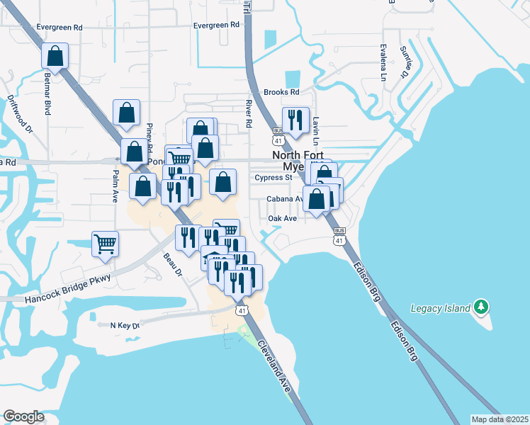 map of restaurants, bars, coffee shops, grocery stores, and more near 91 Oak Street in North Fort Myers