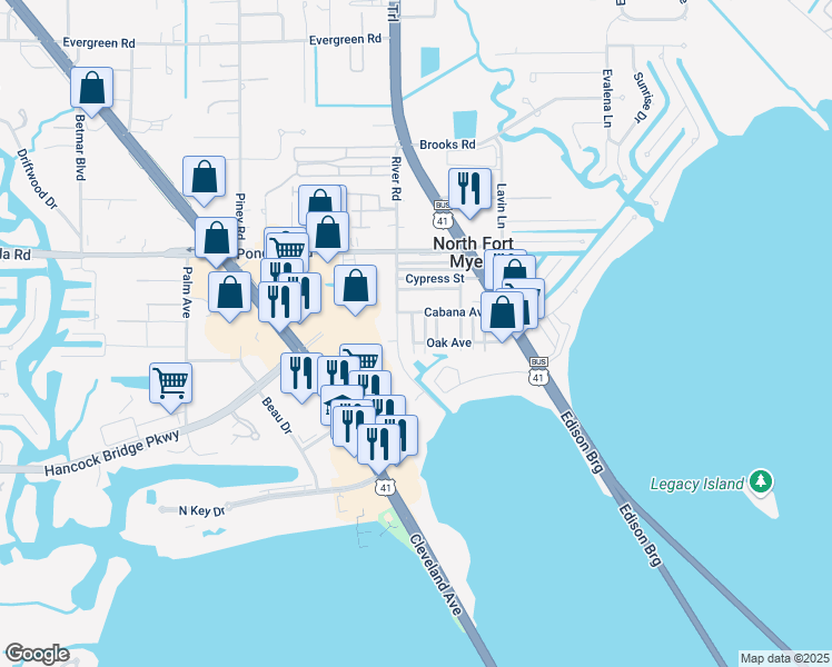 map of restaurants, bars, coffee shops, grocery stores, and more near 91 Oak Street in North Fort Myers