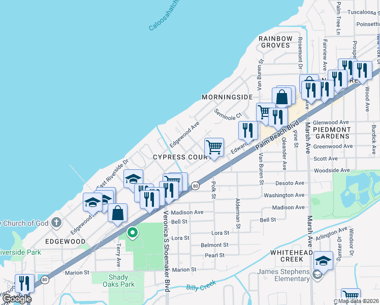 map of restaurants, bars, coffee shops, grocery stores, and more near 725 Duffy Street in Fort Myers