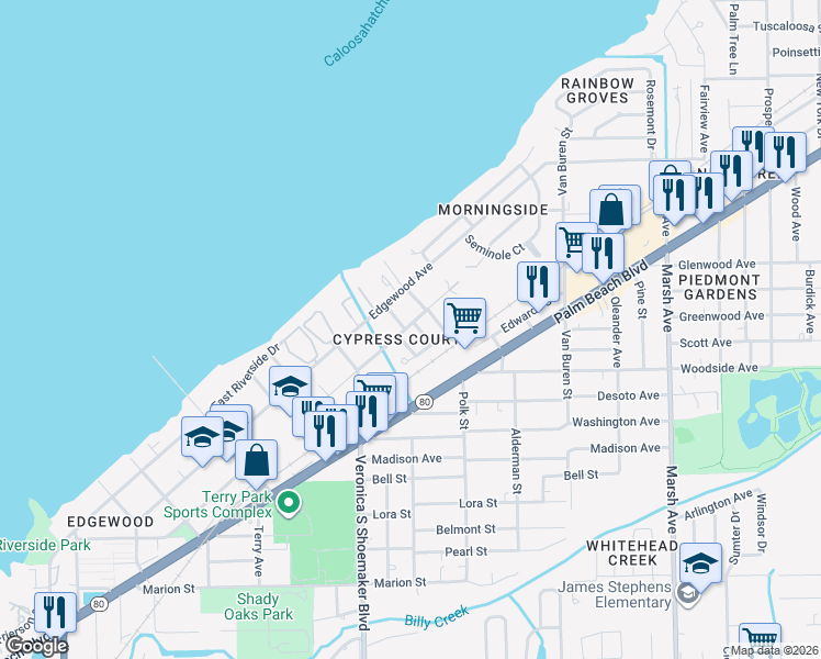 map of restaurants, bars, coffee shops, grocery stores, and more near 725 Duffy Street in Fort Myers