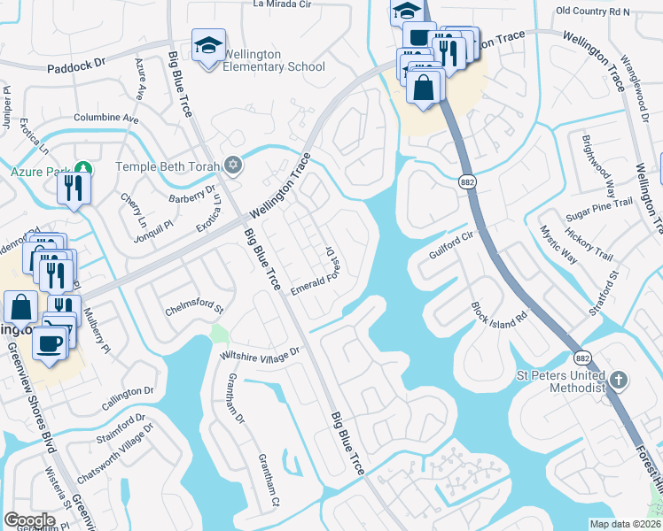 map of restaurants, bars, coffee shops, grocery stores, and more near 13100 Blue Swallow Terrace in Wellington