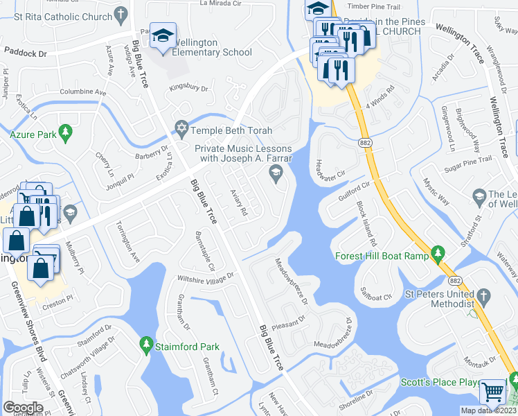map of restaurants, bars, coffee shops, grocery stores, and more near 13100 Blue Swallow Terrace in Wellington