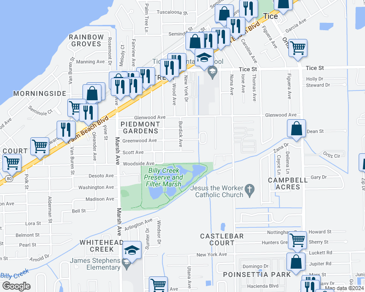 map of restaurants, bars, coffee shops, grocery stores, and more near 720 Burdick Avenue in Fort Myers