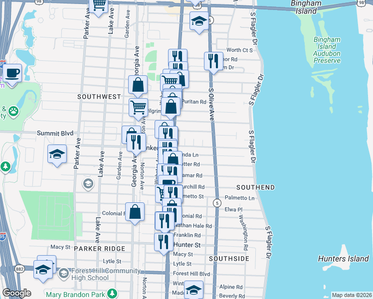 map of restaurants, bars, coffee shops, grocery stores, and more near 380 Linda Lane in West Palm Beach