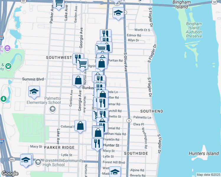 map of restaurants, bars, coffee shops, grocery stores, and more near 380 Linda Lane in West Palm Beach