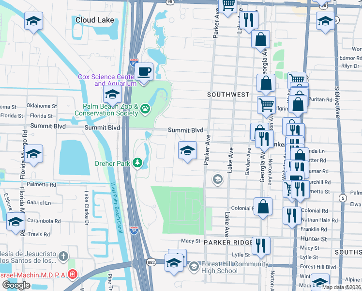 map of restaurants, bars, coffee shops, grocery stores, and more near 5516 Columbus Road in West Palm Beach