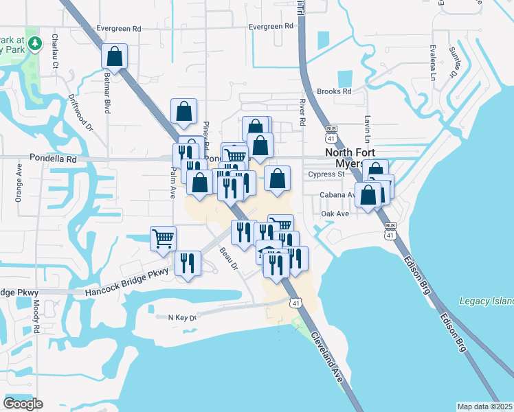 map of restaurants, bars, coffee shops, grocery stores, and more near 13530 North Cleveland Avenue in North Fort Myers