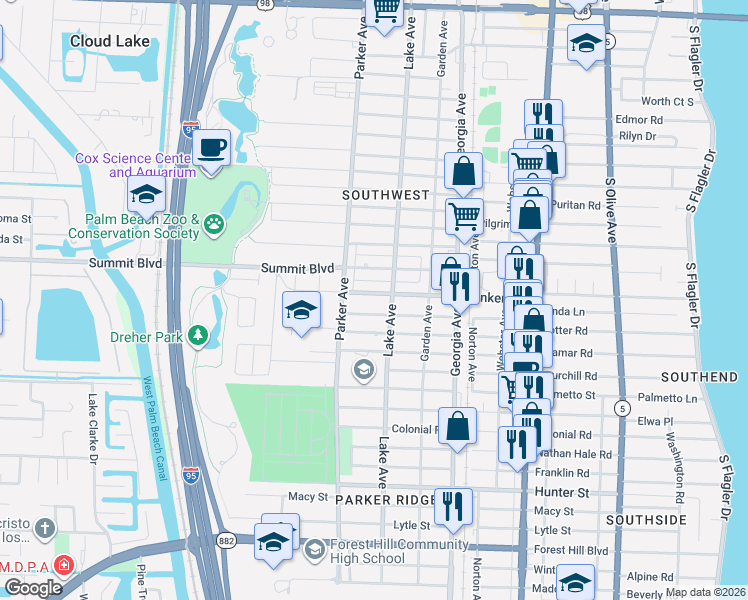 map of restaurants, bars, coffee shops, grocery stores, and more near 818 Fernwood Drive in West Palm Beach