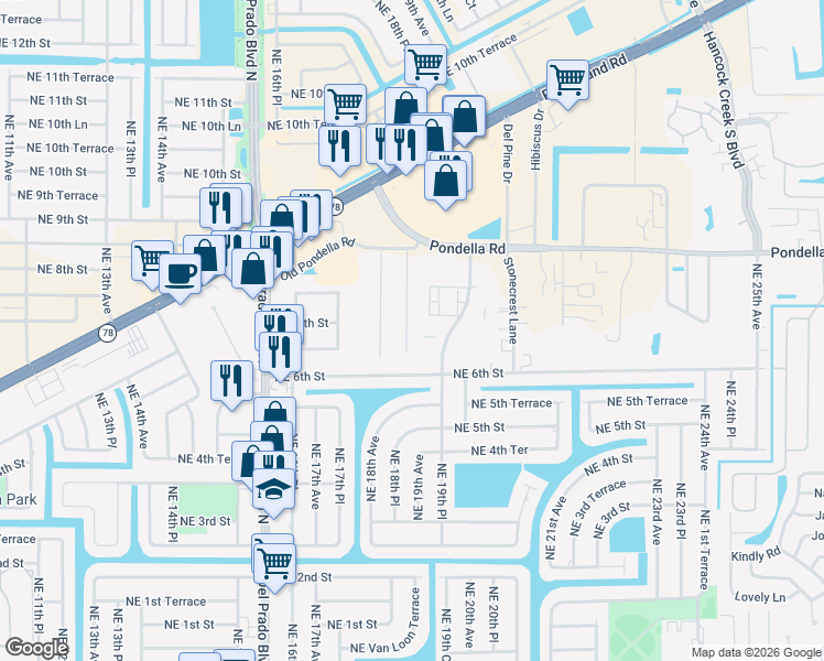 map of restaurants, bars, coffee shops, grocery stores, and more near 1120 Alabar Lane in Cape Coral