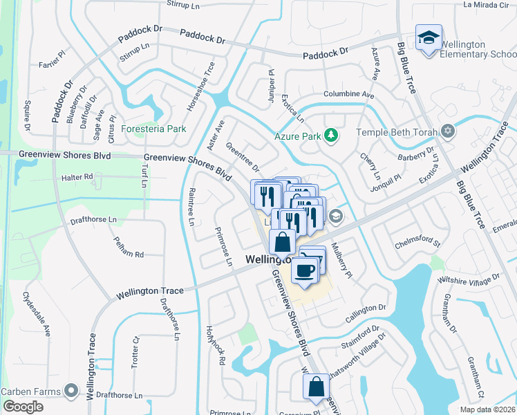 map of restaurants, bars, coffee shops, grocery stores, and more near 1154 Goldenrod Road in Wellington