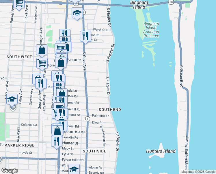 map of restaurants, bars, coffee shops, grocery stores, and more near 5605 South Flagler Drive in West Palm Beach