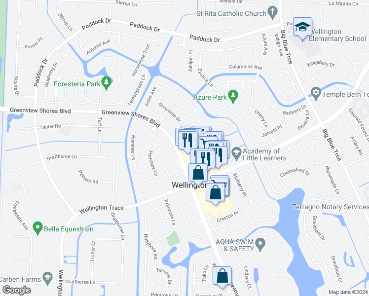 map of restaurants, bars, coffee shops, grocery stores, and more near 1144 Goldenrod Road in Wellington