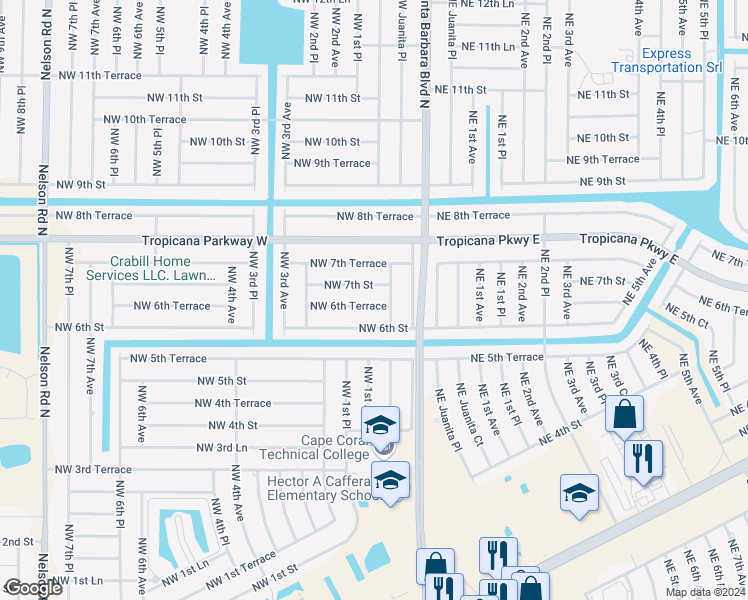 map of restaurants, bars, coffee shops, grocery stores, and more near 103 Northwest 6th Terrace in Cape Coral