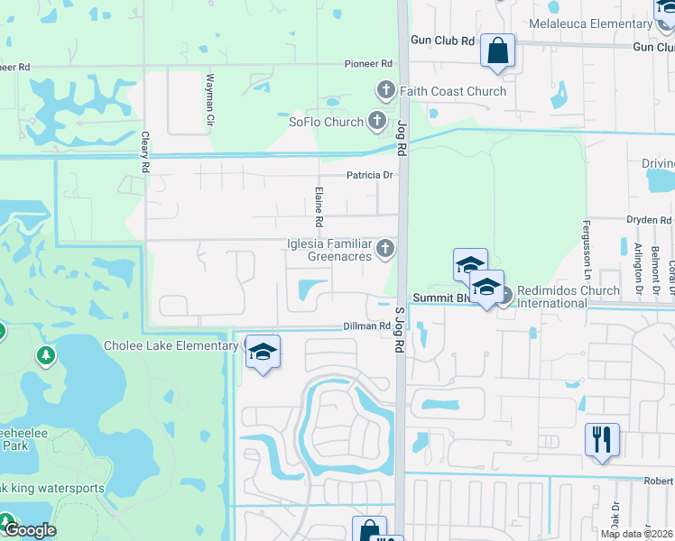 map of restaurants, bars, coffee shops, grocery stores, and more near 6523 Spring Meadow Drive in Greenacres