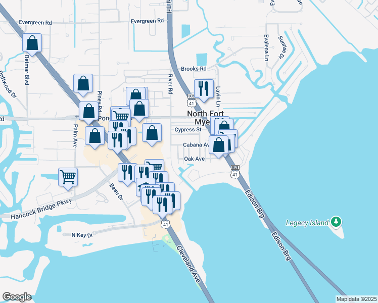 map of restaurants, bars, coffee shops, grocery stores, and more near 91 Oak Street in North Fort Myers