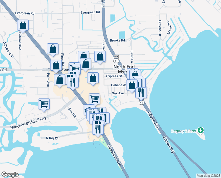 map of restaurants, bars, coffee shops, grocery stores, and more near 91 Oak Street in North Fort Myers