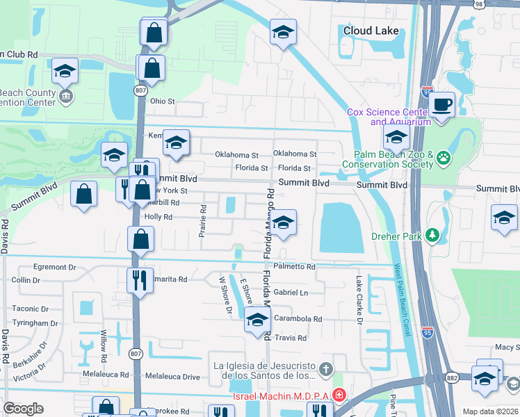 map of restaurants, bars, coffee shops, grocery stores, and more near 2528 Holly Road in West Palm Beach