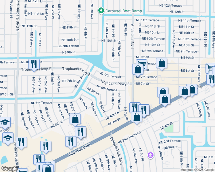 map of restaurants, bars, coffee shops, grocery stores, and more near 558 Northeast 6th Terrace in Cape Coral
