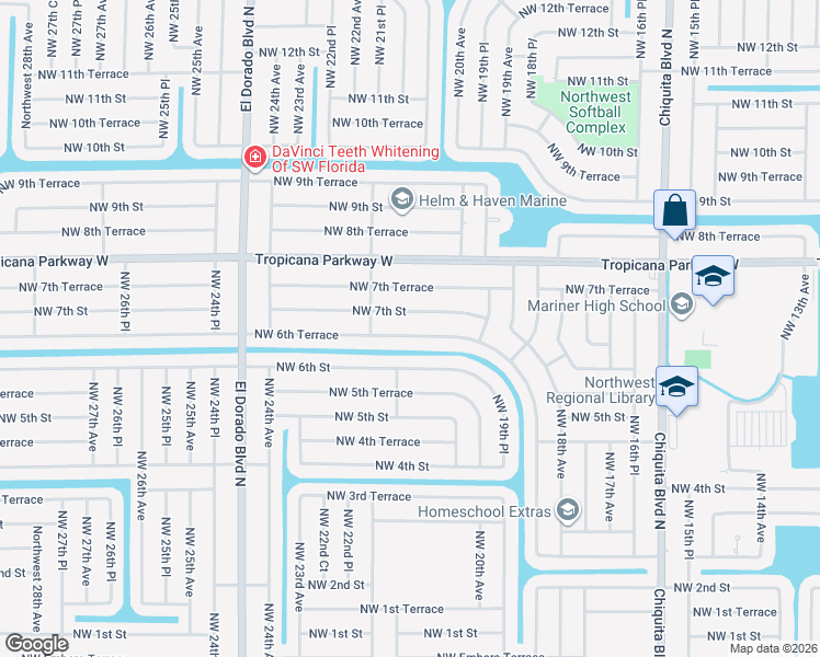 map of restaurants, bars, coffee shops, grocery stores, and more near 2042 Northwest 6th Terrace in Cape Coral