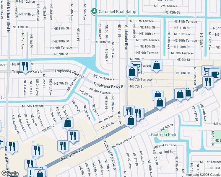 map of restaurants, bars, coffee shops, grocery stores, and more near 643 Northeast 6th Place in Cape Coral