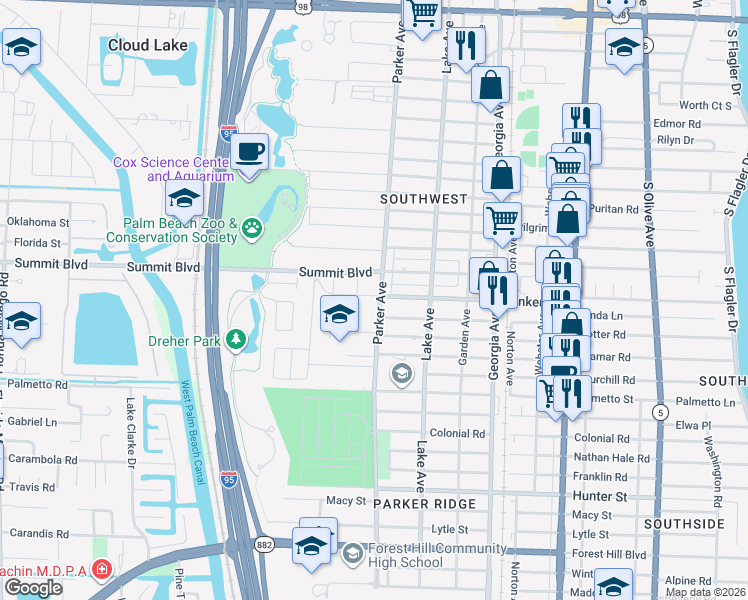 map of restaurants, bars, coffee shops, grocery stores, and more near 5501 Parker Avenue in West Palm Beach