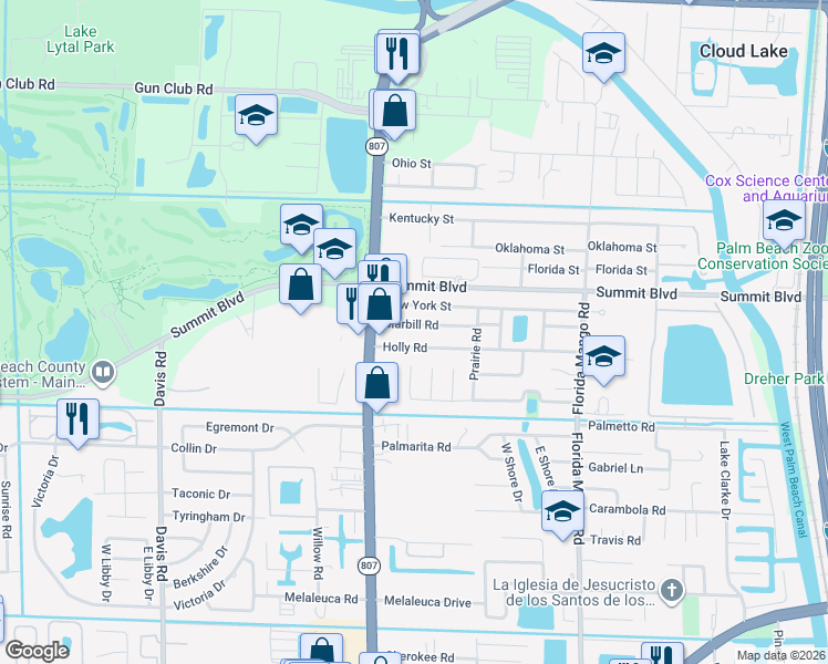 map of restaurants, bars, coffee shops, grocery stores, and more near 2890 New York Street in West Palm Beach