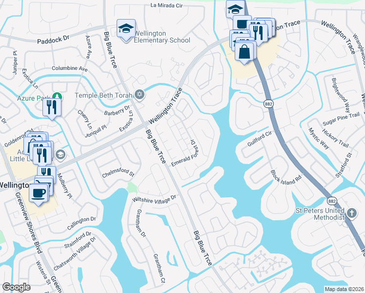 map of restaurants, bars, coffee shops, grocery stores, and more near 13120 Purslane Terrace in Wellington