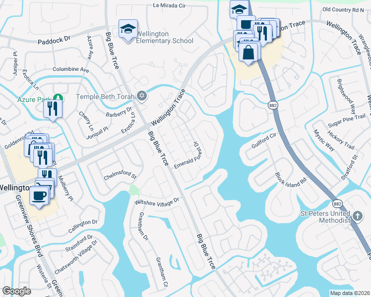 map of restaurants, bars, coffee shops, grocery stores, and more near 1134 Aviary Road in Wellington
