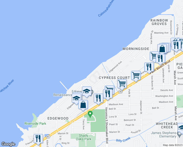 map of restaurants, bars, coffee shops, grocery stores, and more near 3573 Edgewood Avenue in Fort Myers