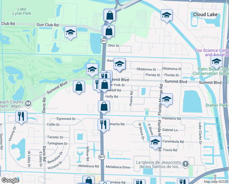 map of restaurants, bars, coffee shops, grocery stores, and more near 2890 New York Street in West Palm Beach