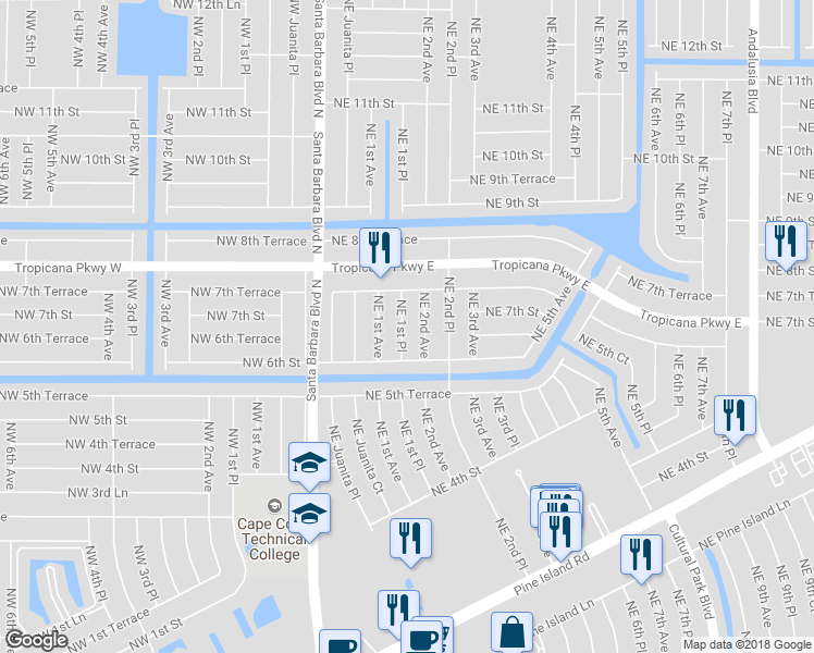 map of restaurants, bars, coffee shops, grocery stores, and more near 631 Northeast 1st Place in Cape Coral