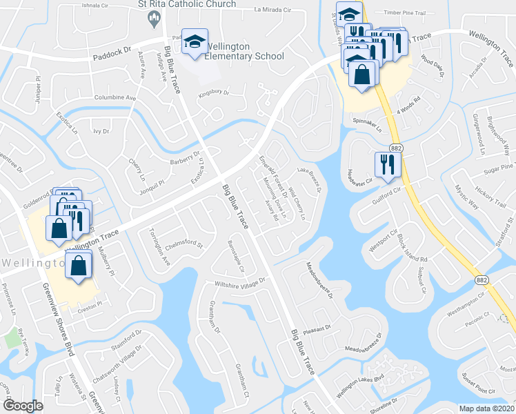 map of restaurants, bars, coffee shops, grocery stores, and more near 13281 Emerald View Court in Wellington