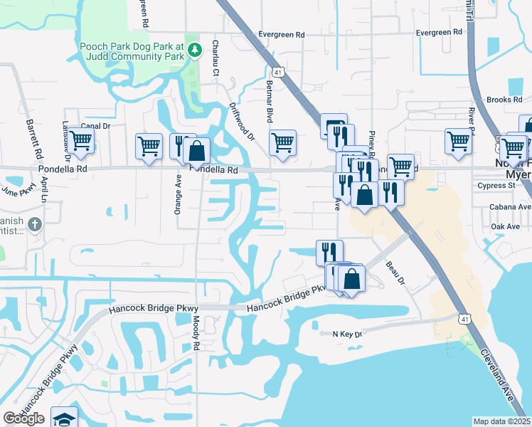 map of restaurants, bars, coffee shops, grocery stores, and more near 427 Jaye Court in North Fort Myers