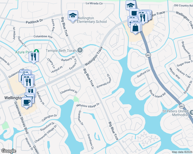 map of restaurants, bars, coffee shops, grocery stores, and more near 13281 Emerald View Court in Wellington