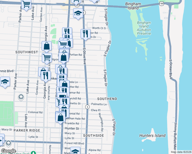 map of restaurants, bars, coffee shops, grocery stores, and more near 220 Essex Lane in West Palm Beach