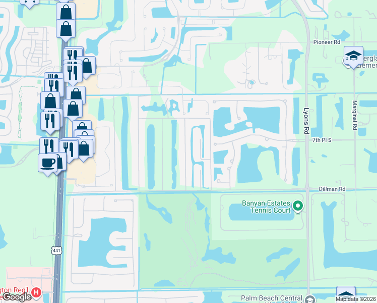 map of restaurants, bars, coffee shops, grocery stores, and more near 765 Whippoorwill Isle North in West Palm Beach