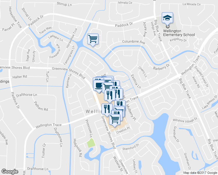 map of restaurants, bars, coffee shops, grocery stores, and more near 1105 Hyacinth Place in Wellington