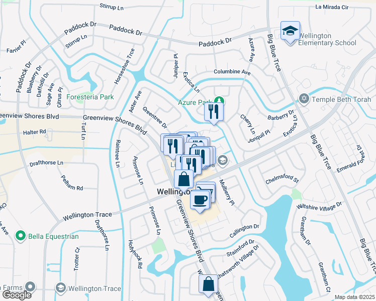 map of restaurants, bars, coffee shops, grocery stores, and more near 1101 Goldenrod Road in Wellington