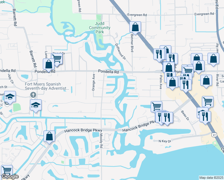 map of restaurants, bars, coffee shops, grocery stores, and more near 465 Blue Lagoon Lane in North Fort Myers
