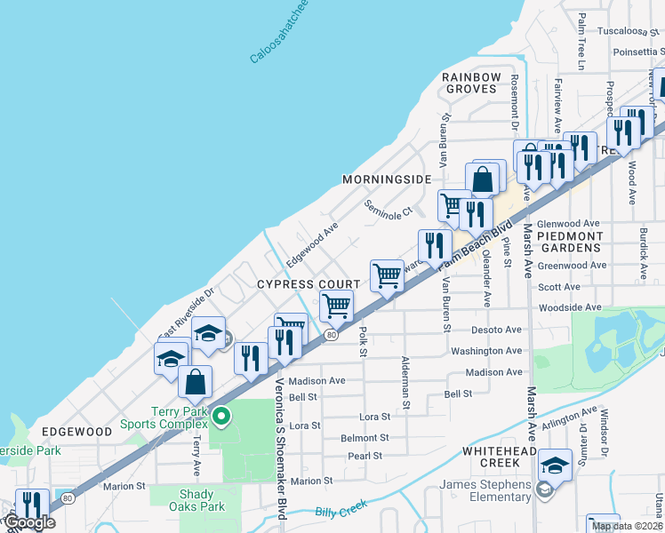map of restaurants, bars, coffee shops, grocery stores, and more near 626 Polk Street in Fort Myers
